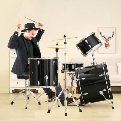Adult Drum Set, 5-Piece, 22 Inches Complete Full Size Drum Kit With Bass Toms Snare Floor Drum Adjustable Throne Stands Cymbal Hi-Hat Pedal And Drumsticks, Beginner Drum Kit For Adults, Black