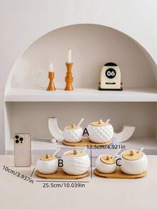 一套陶瓷厨房储物罐，1个大罐1个小罐，配有竹制托盘和陶瓷勺，北欧简约日式风格，白色陶瓷质感，高端品质，菱形、波浪、鸟巢图案，适用于酒店、餐厅、家庭厨房用品、节日、聚会、斋月、春节厨房、客厅收纳装饰，圆形竹盖，可存放香料、胡椒、盐、糖等调味料。 - 白色 - 查看 11