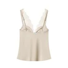 MUMRAP Áo kiểu nữ thanh lịch màu trơn phối ren ôm sát, thích hợp cho mùa hè. - Màu be - Xem 3