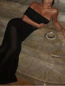 Vestido de mujer con parches de malla sexy, de alta gama para fiesta - Negro - Ver 5