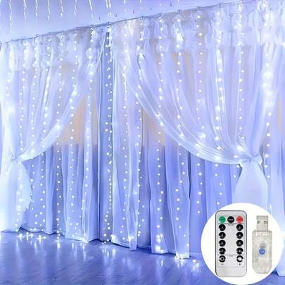Đèn rèm cửa sổ LED Giáng sinh 300 bóng, đèn dây trang trí chạy bằng USB với 8 chế độ, điều khiển từ xa, thích hợp cho nhà cửa, phòng khách, phòng ngủ, cửa sổ, đám cưới, Ramadan, Lễ Tạ ơn, Halloween, trang trí Giáng sinh.