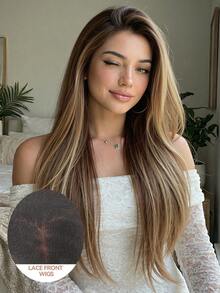 13x6蕾丝前置长直渐变棕色合成假发，适合日常、派对、化妆、舞会、情人节及其他场合。 - 彩色 - 查看 1