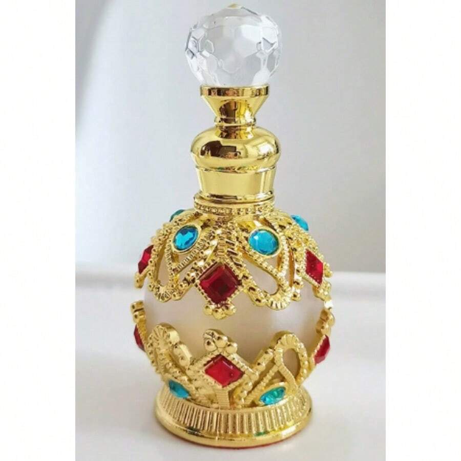 Jewelry-Inlaid True Me Vetiver Perfume Essential Oil Refillable Empty Bottle, Decorative Storage Bottle, Portable Personal Care Essential Oil Bottle, Decoration/Dressing Table Decoration/Home Decoration/Party Decoration/Exquisite Gift (No Fragrance, Empty Bottle Only) - Gold, Red, Blue - View 1