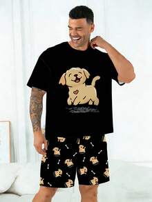 加大码男士睡衣套装 | 圆领短袖上衣和松紧腰休闲短裤两件套 | 涤纶针织面料，柔软透气，宽松版型 | 休闲设计，饰有心形、骨头和小狗图案 - 黑色 - 查看 1