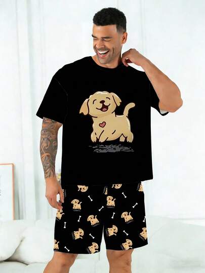 Conjunto de pijama para hombres talla grande | Parte superior de manga corta con cuello redondo y pantalones cortos casuales con cintura elástica, conjunto de 2 piezas | Tela de punto de poliéster suave y transpirable con ajuste holgado | Diseño casual con estampado de corazón, hueso y perro