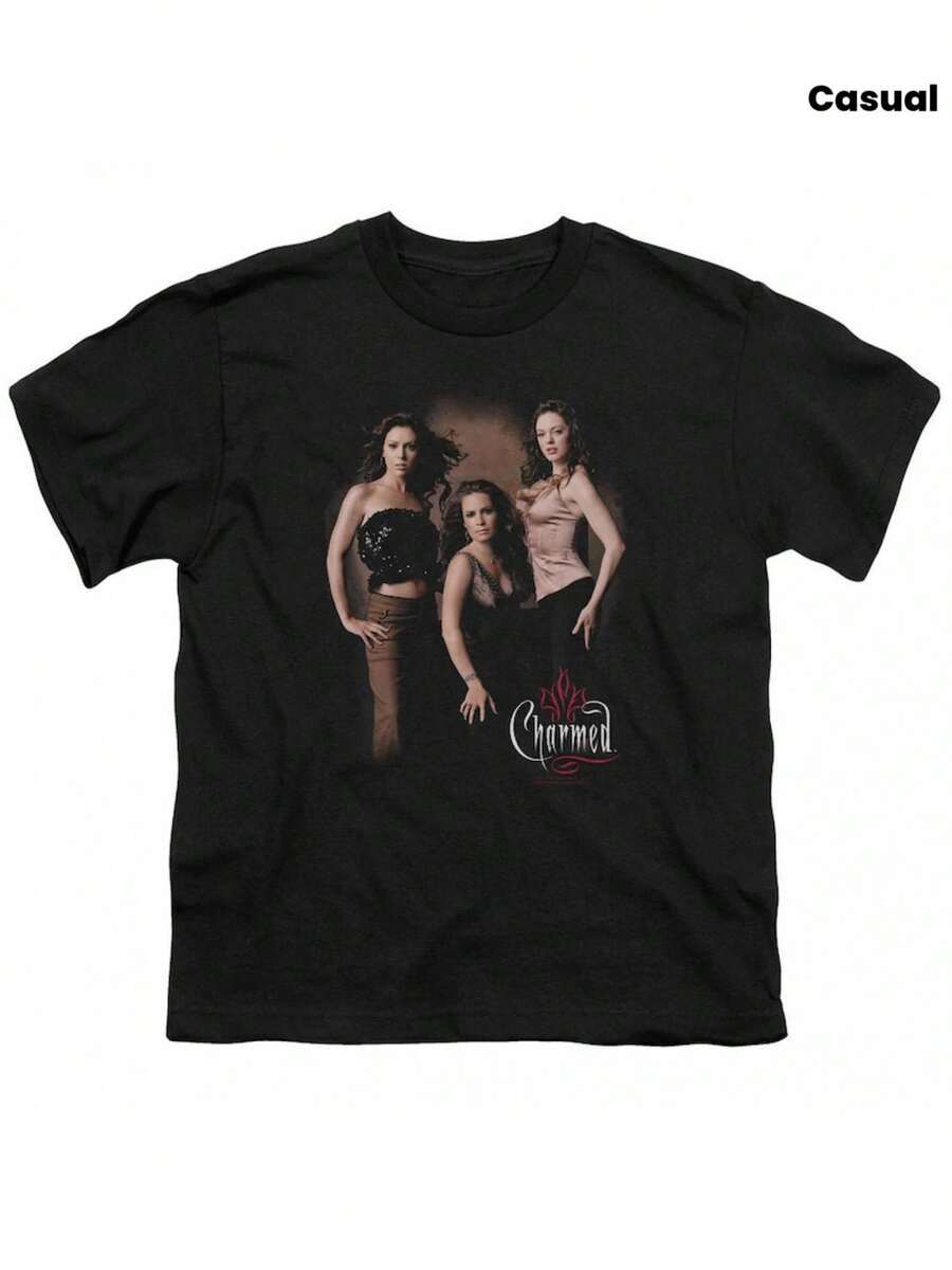 Charmed TV Show Inspired 's & Casual T-Shirt - Charmed Ones Witches (Prue, Piper, Phoebe) Logo Print, Iconic TV Series Design, All-Season Fit Round Neck Tee For Fans - 黑色10 - 查看 1