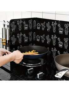 1pc Foldable Stove Splash Guard, Cute Cactus & Leaf Pattern, Heat Resistant, Easy To Clean Soft Foldable Cooking Splash Guard, Suitable For Frying And Stir-Frying, Essential Kitchen Item For Homemakers And Cooking Enthusiasts, Ideal For Home Kitchen Organization - Multicolor - View 3