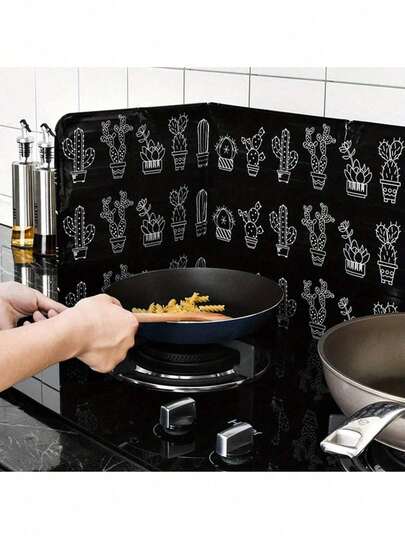 1-Piece Foldable Stove Oil Splash Guard For Women - Cute Cactus & Leaf Pattern High-Temp Resistant Kitchen Shield, Easy To Clean Flexible Foldable Cooking Splatter Guard, Stove Protection For Frying & Sauteing, Essential Kitchen Accessories For Housewives & Cooking Enthusiasts, Ideal For Home Kitchen Organization