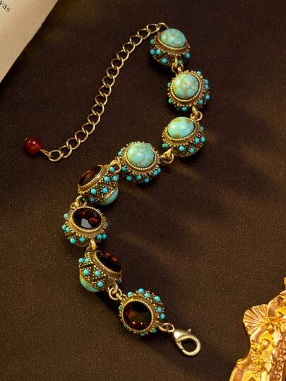 Vintage Rhinestone And Lapis Lazuli Inlaid Small Round Ball Necklace And Bracelet, Perfect For Women's Daily Wear, Banquets, And As A Gift For Mothers Or Birthdays