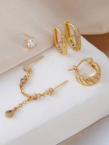 5Pcs Dainty Gold Earrings Set For Women, Cubic Zirconia Chain Drop Earrings & Huggie Hoops, Jewelry For Party & Date Night - Yellow Gold - View 2
