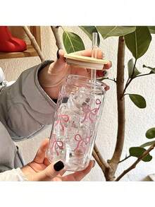 3pcs Bow Printed Water Cup With Lid & Straw, 16oz Canned Ice Coffee Cup, Tea Juice Milk Gift, Office Restaurant Classroom Picnic Party Use - Multicolor - View 9