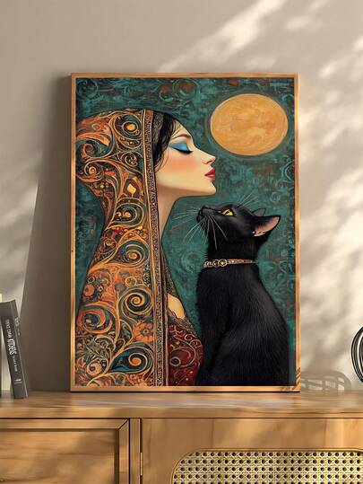 1pc Elegant Woman And Black Cat Wall Art Bohemian Painting Print Boho Colorful Egypt Mystical Art Picture Poster, The Ideal Gift For Friends, Bedroom Art Print, Living Room Decor, Office Decor, Kitchen Decor, Wall Arts, Wall Decor, Home Decor, Room Decor, Canvas Wall Art, Posters, Wall Art With Frame, Optional Frame ﻿ ﻿