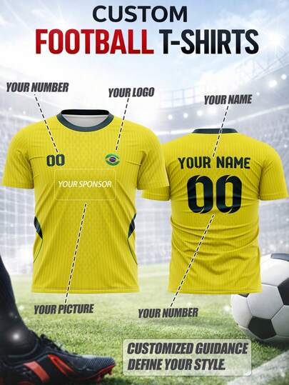 Camiseta de fútbol personalizable para hombres de talla grande, personalizada con nombre, número, logotipo, escudo del equipo o patrocinador, estilo brasileño de cuello redondo, material transpirable y de secado rápido, adecuada para partidos de equipo, entrenamiento, deportes, uso casual, animación, regalos para la temporada deportiva de primavera/verano