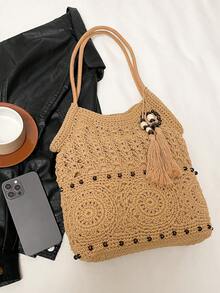 Women's Simple And Versatile, High-Quality, Large-Capacity Woven Tote Bag With Charm Embellishment, Perfect For Everyday Use And Vacations. - Khaki - View 8