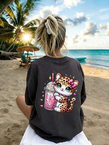 Tween Girl Cute Beverage & Donut Print Round Neck T-Shirt, Summer Top - Dark Grey - View 4