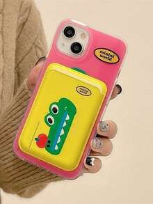 1pc Niche Design Cartoon Crocodile & Apple Magnetic Adsorption Full Coverage Phone Case + Magnetic PU Leather Card Holder TPU Shockproof Protective Cover For IPhone11/12/13/14/15/16/17/PROMAX, Pink - Pink - View 3