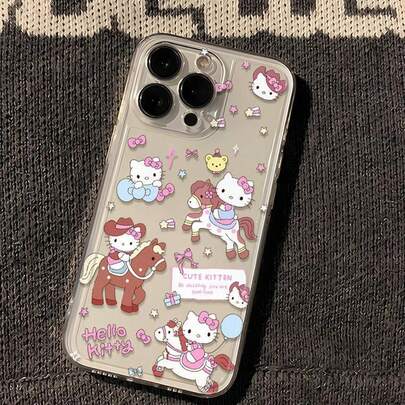  1pc Sanrio New TPU Transparent Bow Riding Hello Kitty Star Girly 17 Pro Max/17 Pro/16 Pro Max/15/14/13/12 Phone Case, Fashionable Niche Sweet Style