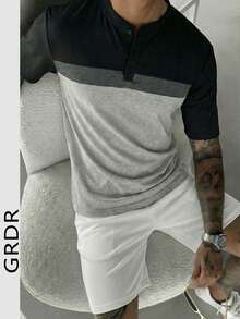 GRDR 1pc Men's Casual Henley Neck Short Sleeve T-Shirt, Summer - Black - View 1