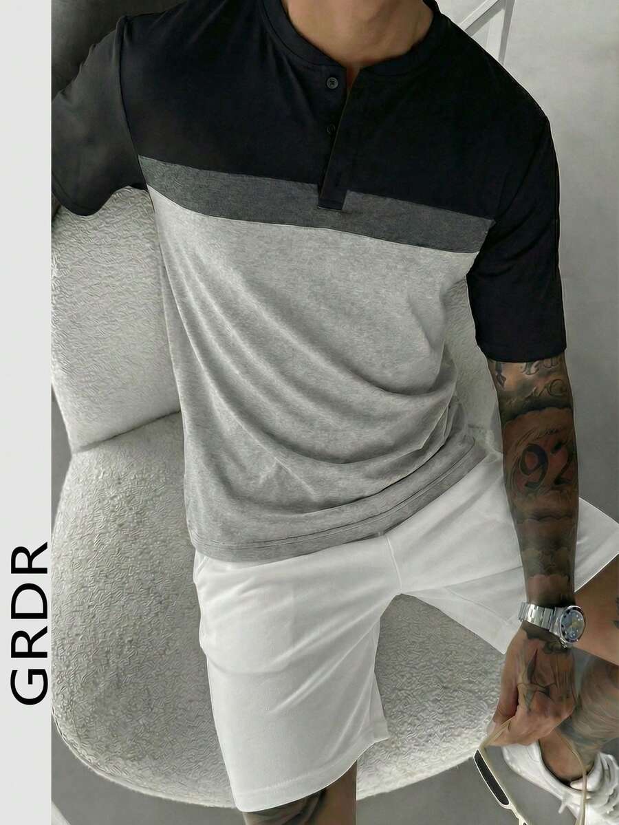 GRDR 1pc Men's Casual Henley Neck Short Sleeve T-Shirt, Summer - Black - View 1
