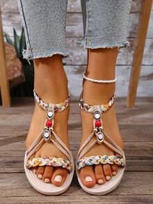 Sandalias planas de verano para mujer con puntera redonda, hechas a mano con cuentas, de estilo bohemio, de moda versátil y cómodas para vacaciones - Beis - Ver 5