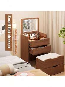 3-In-1 Vanity Desk With Mirror & Stool, Flip Top Makeup Dressing Table, Compact Storage For Bedroom, Bathroom, Dressing Room(18.9"L, Walnut) - 18.9吋長,胡桃木 - 查看 3