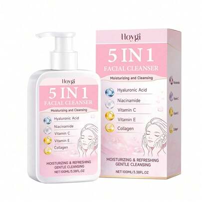 100ml Limpiador facial 5-en-1 con ácido hialurónico, niacinamida, vitamina C, vitamina E y colágeno. Limpieza suave, hidratación, iluminación y suavizado de la piel, unisex