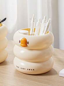 卡通创意化妆刷笔筒圆形多功能文具收纳盒可爱学生创意桌面办公收纳盒 - 彩色 - 查看 3