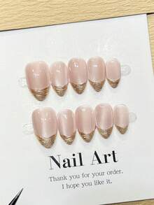 Conjunto de 10 adesivos de unhas artesanais, unhas em formato amendoado, comprimento curto, unhas rosa minimalistas, unhas francesas com detalhes dourados, unhas olho de gato brilhantes, unhas elegantes de outono feitas à mão, adesivos de unhas para o outono, unhas de Ano Novo, unhas de festa estilo anos 2000, unhas para encontros casuais, unhas para férias na praia, faça você mesma suas unhas postiças, ideal para presentear mulheres e meninas. - Rosa - Ver 1