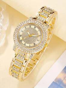 两件套优雅水晶腕表，时尚简约奢华全水晶女士石英腕表搭配心形钻石手链，适合节日、派对、婚礼、日常佩戴，是送给女性的最佳礼物。 - 金色 - 查看 2