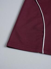 Men's Fashion Sports Mesh Patchwork Burgundy Short Sleeve 0 Digit Minimalist Print Split T-Shirt, Suitable For Spring/Summer Casual Daily Wear, Street Boyfriend Gift - Burgundy - View 6