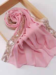 1pc Embroidered Sequin Lace Chiffon Muslim Headscarf Abaya Hijab - Pink - View 10
