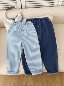 2 piezas/Set Pantalones casuales a rayas de mezclilla clara y oscura para niños en primavera/otoño, pantalones de ocio para niños - Multicolor - Ver 2
