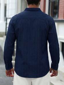 WAIT HIM Men's Casual Front Button Striped Print Long Sleeve Shirt - Blue - View 4