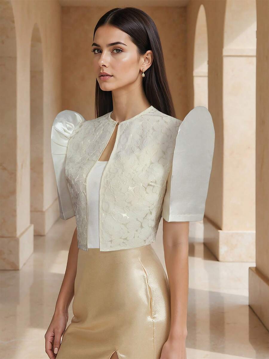 Amyenjoylife 女士现代优雅菲律宾风情休闲泡泡袖衬衫 - 杏色 - 查看 1