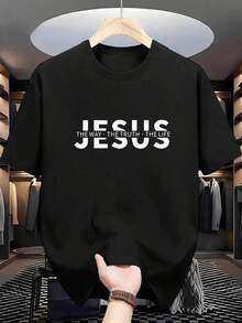 Mens Tshirts Plus Size Men's JESUS Letter Print Round Neck Short Sleeve Casual T-Shirt, Summer Men's Fashion Print Casual T-Shirt Casual Summer T-Shirt, Comfortable Outdoor Casual Wear - 黑色 - 查看 8