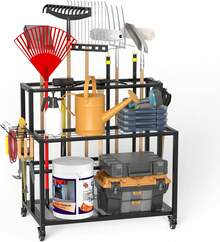 YUNRUX Gartenwerkzeug-Organisator für Garage, Kohlenstoffstahl Mehrzwecklager für Gartenwerkzeuge mit Rädern, Halter Gartenwerkzeuge 86 x 76.5 x 30 cm - A - Übersicht 1