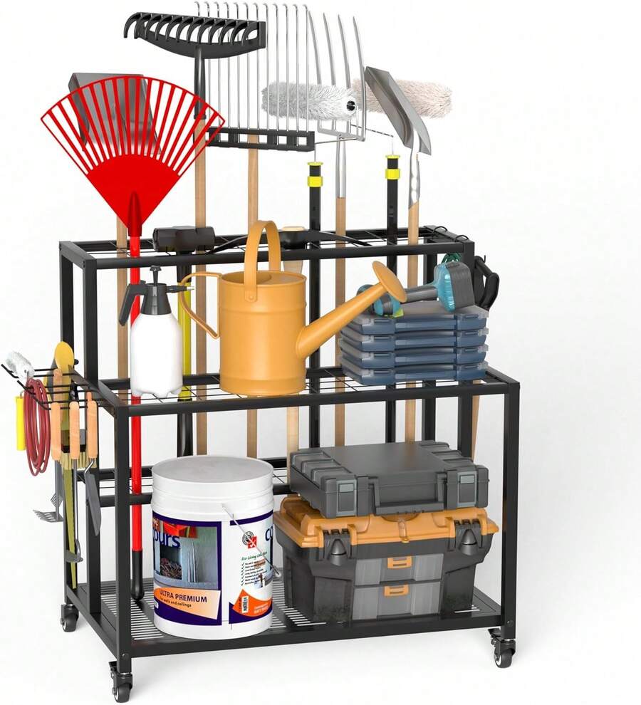 YUNRUX Gartenwerkzeug-Organisator für Garage, Kohlenstoffstahl Mehrzwecklager für Gartenwerkzeuge mit Rädern, Halter Gartenwerkzeuge 86 x 76.5 x 30 cm - A - Übersicht 1