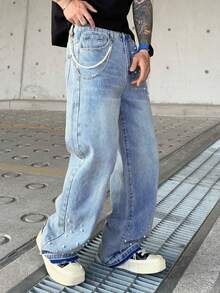 Men's Loose Fit Washed Faded Denim Jeans, Wide Leg Relaxed Gothic Rock Street Fashion Design, Suitable For All Seasons - Blue - View 6