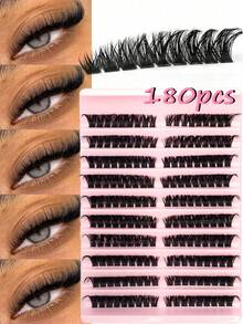 180片装蓬松D型卷翘单簇猫眼假睫毛，左右眼通用，DIY假睫毛簇，浓密自然，持久耐用，超轻盈，超柔软，可重复使用，适合新手在家、日常生活、派对、旅行、音乐节等各种场合使用。假睫毛簇，单根假睫毛，假睫毛 - 黑色 - 查看 1