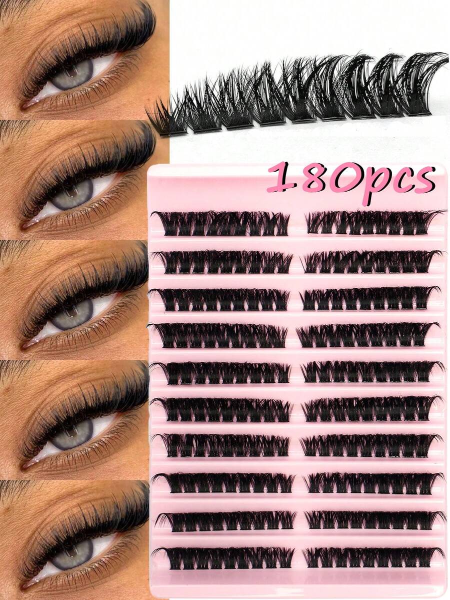 180片装蓬松D型卷翘单簇猫眼假睫毛，左右眼通用，DIY假睫毛簇，浓密自然，持久耐用，超轻盈，超柔软，可重复使用，适合新手在家、日常生活、派对、旅行、音乐节等各种场合使用。假睫毛簇，单根假睫毛，假睫毛 - 黑色 - 查看 1