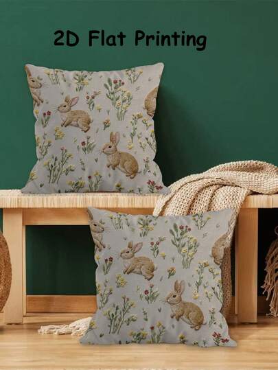 2Pcs 2D Imitation Embroidery Easter Bunny Pillowcase, Vintage Floral Butterfly Farmhouse Pillowcase, Home Sofa Holiday Party Decoration Living Room Bedroom Bed Sofa Chair Cushion Cover (Unfilled)