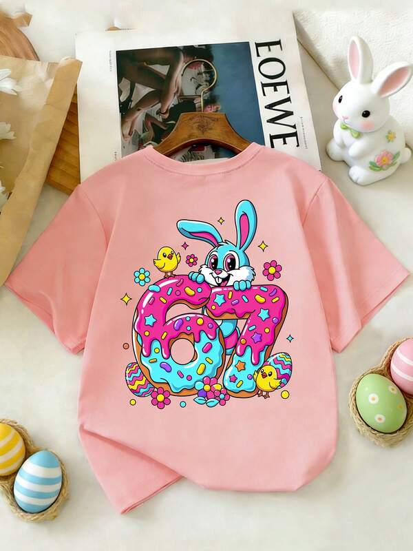 Young Girl Easter Limited Edition Short Sleeve T-Shirt, Cartoon Rabbit & Number 67 Double-Sided Print, Casual Round Neck Children Clothing