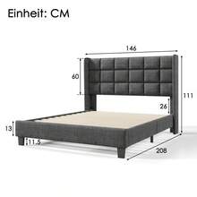 Upholstered Bed With Its Padded Headboard, Double Bed With Slatted Base, 140x200cm, In Grey Linen, Medium Firm (Without Mattress) - Grey + Linen + 140cm*200cm - View 5