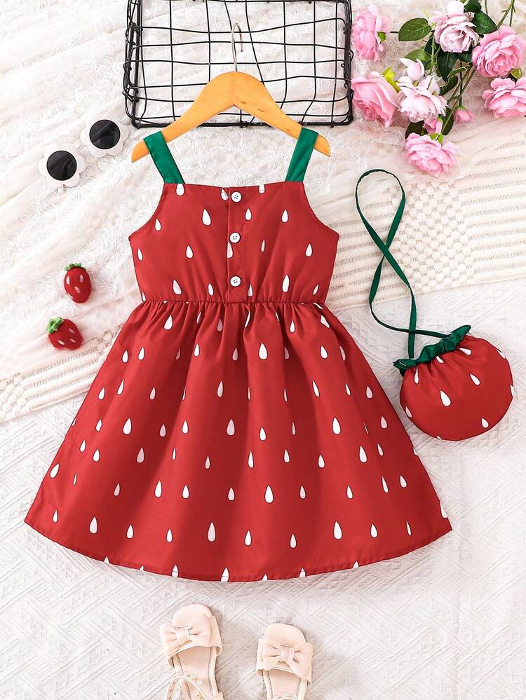 2件套女童红色草莓印花连衣裙配迷你斜挎包，春夏款 - 紅色 - 查看 3