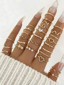 28pcs Heart Shaped Geometric Boho Style Rhinestone Accent Minimalist Wave Knuckle Rings, Suitable For Women's Daily Wear, Dates, Parties, Valentine's Day, Anniversary, Gifts For Girlfriends, Friends, Parties, Street Style (Includes Size Chart, Do Not Forcefully Bend, Purchase Carefully) - 金色 - 查看 5