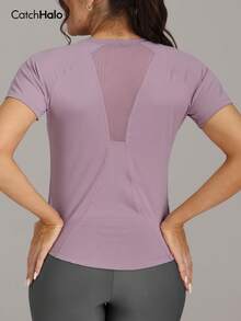 女士紫色网眼露背短袖T恤，透气短款修身运动上衣，适合瑜伽和健身 - 淺灰紫 - 查看 2