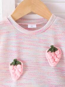 2pcs/Set Young Girls' Vacation Casual 3D Strawberry Embroidery Round Neck Top And Denim Shorts Set, Lightweight Summer - Watermelon Pink - View 4