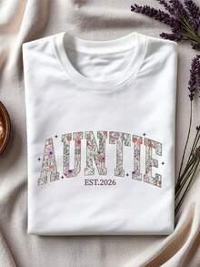 Auntie Est 2026 T-Shirt, Floral Auntie Shirt, New Aunt Gift, Pregnancy Announcement Tee, Favorite Aunt Crew Neck, Best Aunt Ever Short Sleeve GA359 - 白色 - 查看 1