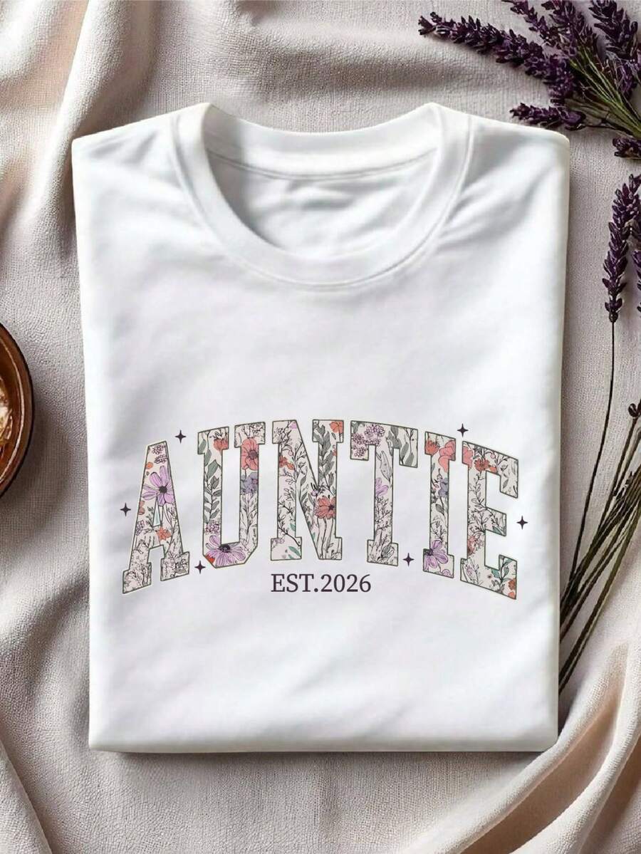 Auntie Est 2026 T-Shirt, Floral Auntie Shirt, New Aunt Gift, Pregnancy Announcement Tee, Favorite Aunt Crew Neck, Best Aunt Ever Short Sleeve GA359 - 白色 - 查看 1