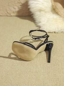 女士方头绑带时尚细高跟超高跟凉鞋 - 黑色 - 查看 6